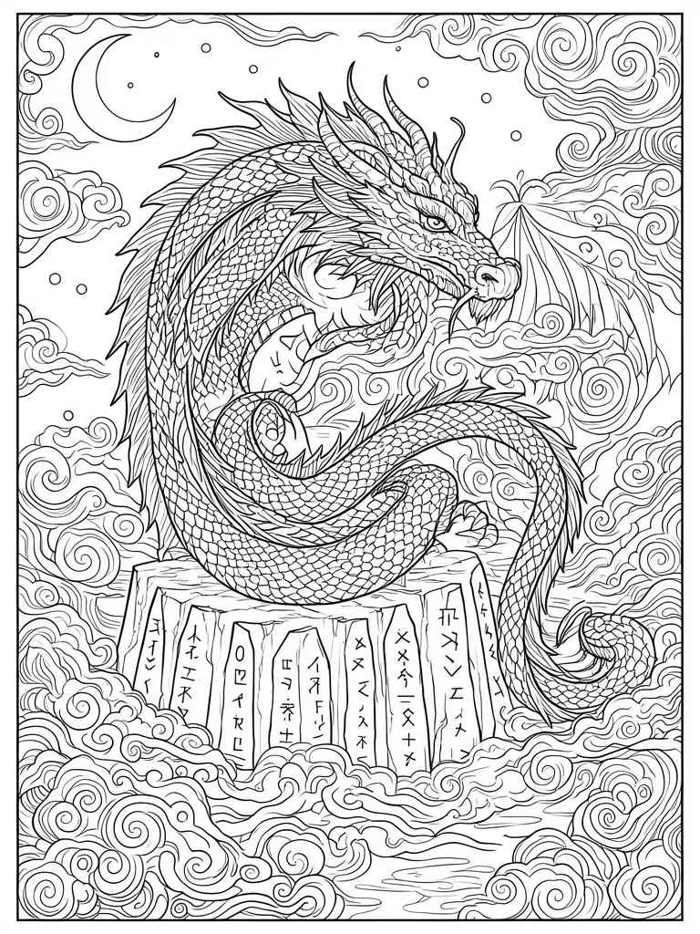 A black and white line drawing of a detailed Eastern dragon coiled around a stone pedestal with Japanese characters, surrounded by clouds and a crescent moon.