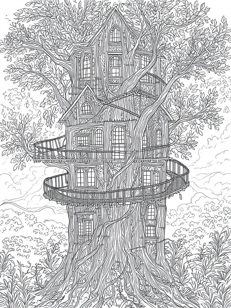 A detailed black and white line drawing of a fantasy treehouse with multiple levels, balconies, and windows integrated into a large tree with surrounding foliage.