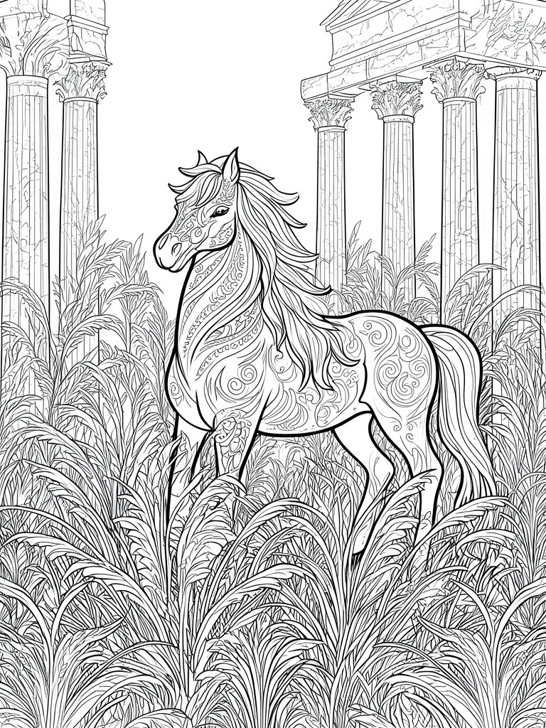 Ornate patterned horse with flowing mane amid tall grass and ancient columns