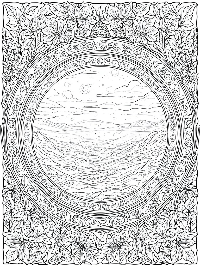 A black and white line drawing of a circular mountain landscape at night inside an ornate ring with script patterns and a surrounding floral border.