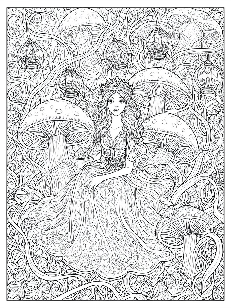 Intricate black-and-white line art of a crowned princess amid giant mushrooms and vines.