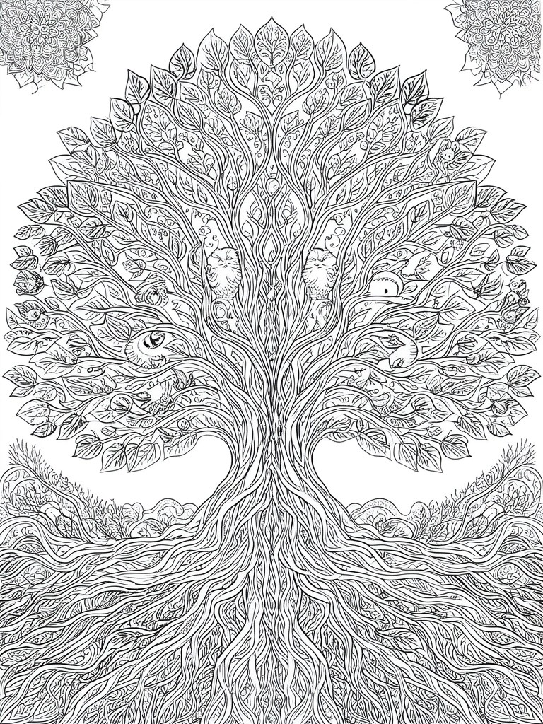 A black and white line drawing of a large tree with roots at the bottom, branches full of leaves, and animals such as cats, foxes, and birds placed throughout the foliage, plus two circular mandala designs in the top corners.