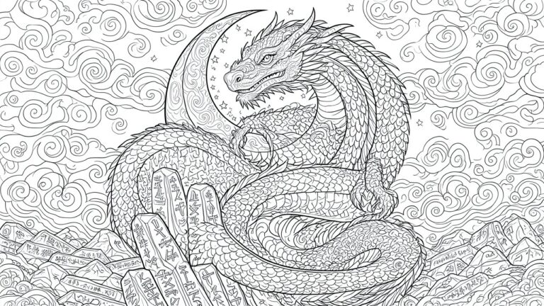 A black and white line drawing of a detailed Eastern dragon coiled around a stone pedestal with Japanese characters, surrounded by clouds and a crescent moon.