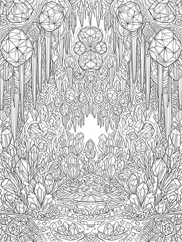 A black and white line drawing of a fantasy crystal cave filled with hanging and ground-level faceted gems.