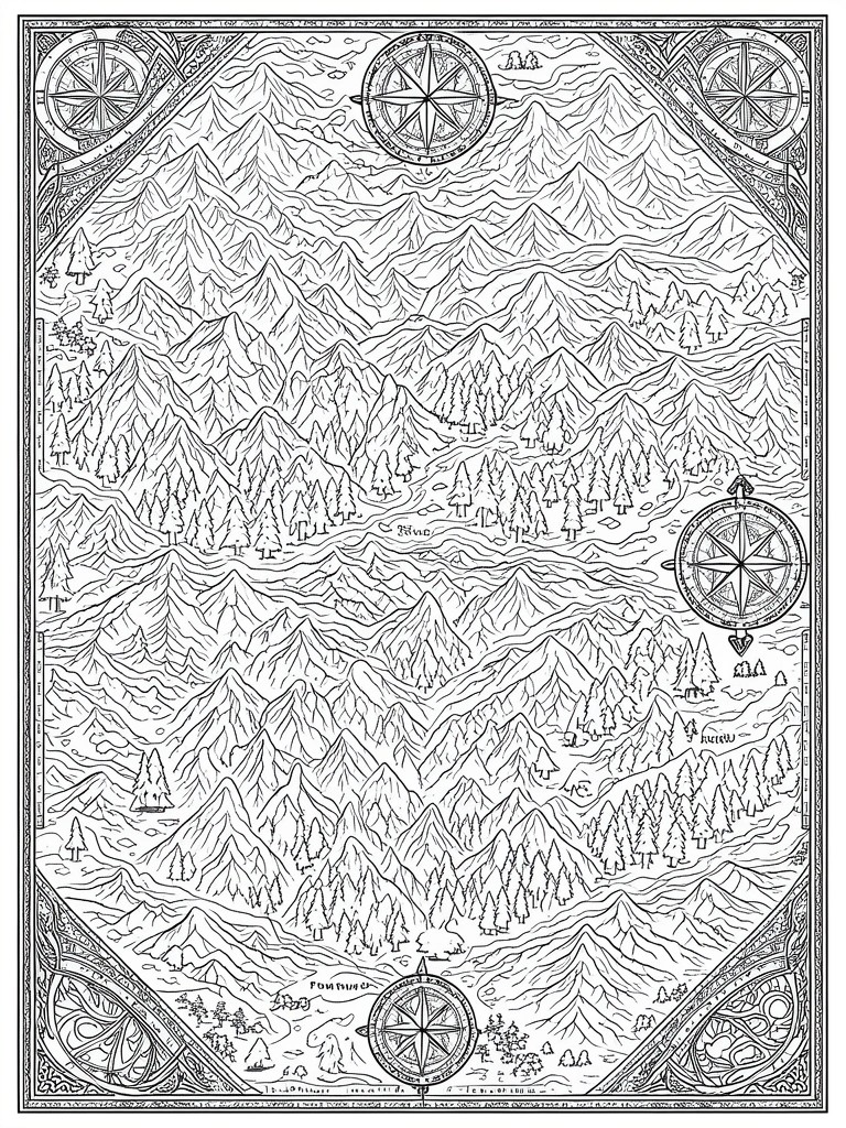 Ornate black-and-white fantasy map of mountains with forests and compass roses