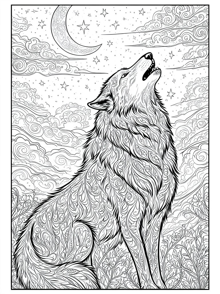 Intricate black-and-white line art of a howling wolf under a starry crescent moon.