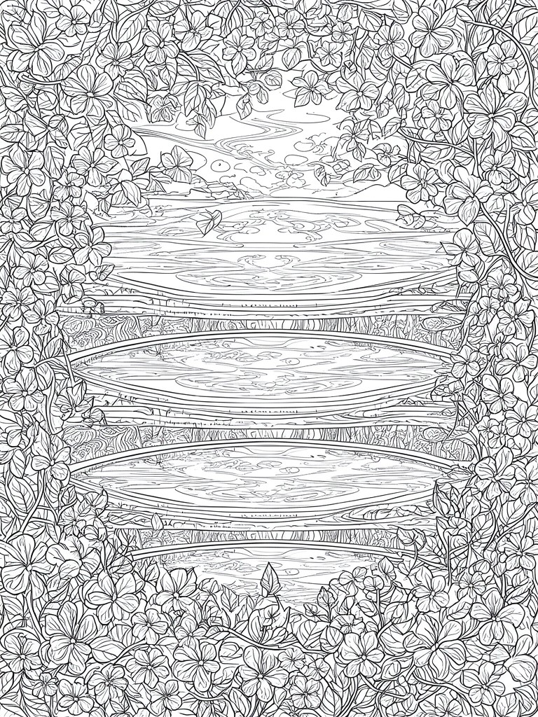 A black and white line drawing of stacked pond layers with dense flowers and leaves framing the sides.