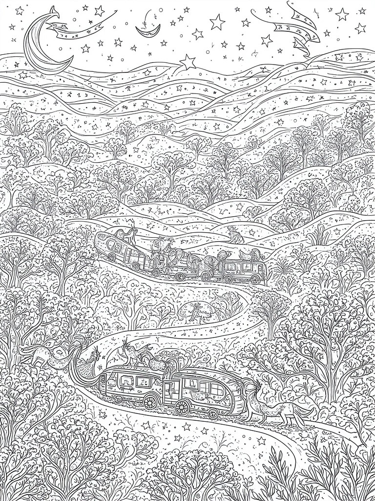 Whimsical line art of unicorn-pulled RVs on winding road under starry night sky with moons