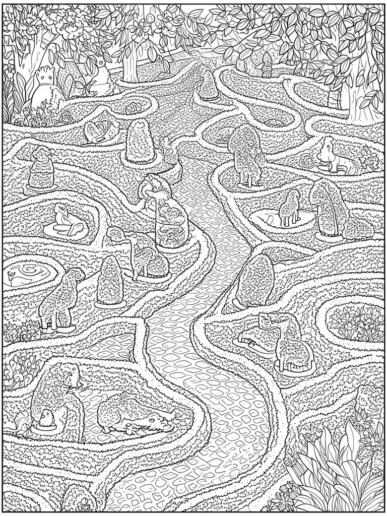 A black and white line drawing of a garden maze with animal shaped topiary hedges along winding paths.