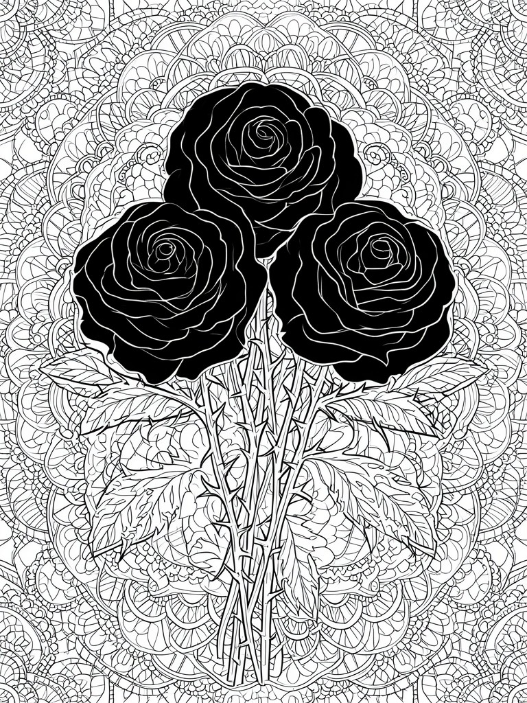 Three black roses with thorny stems amid intricate mandala patterns.