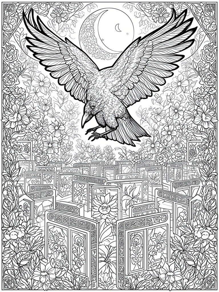 Intricate line art of raven soaring over ornate doors amid flowers under crescent moon