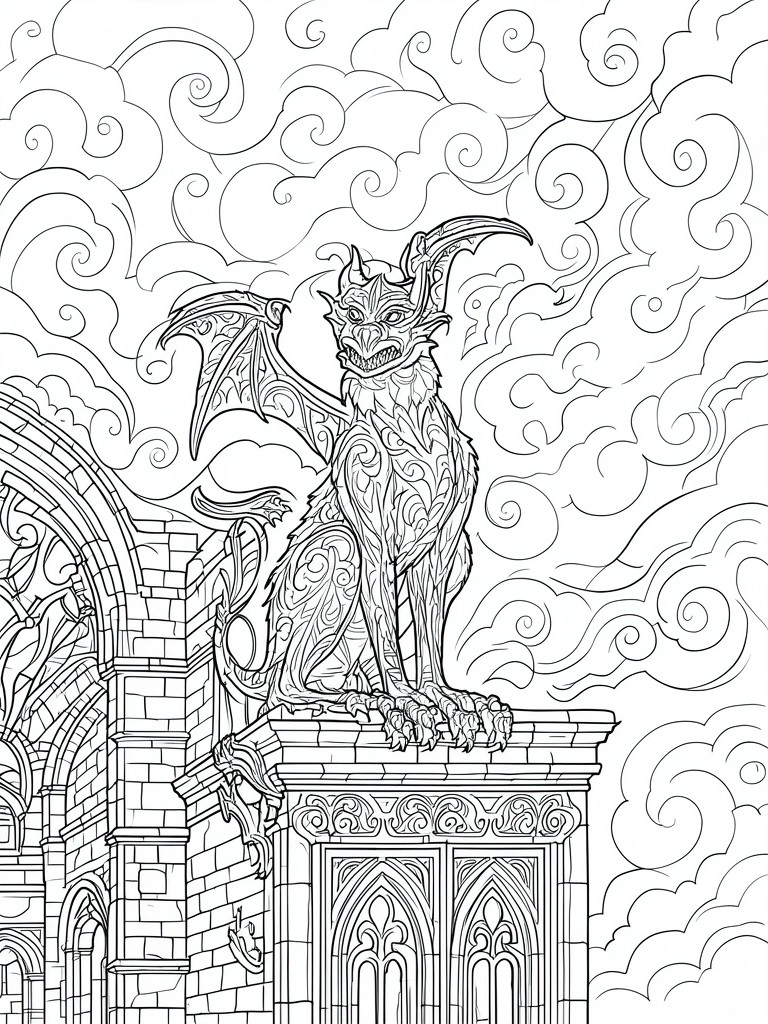Ornate winged gargoyle perched on gothic stone tower beneath swirling clouds in line art.