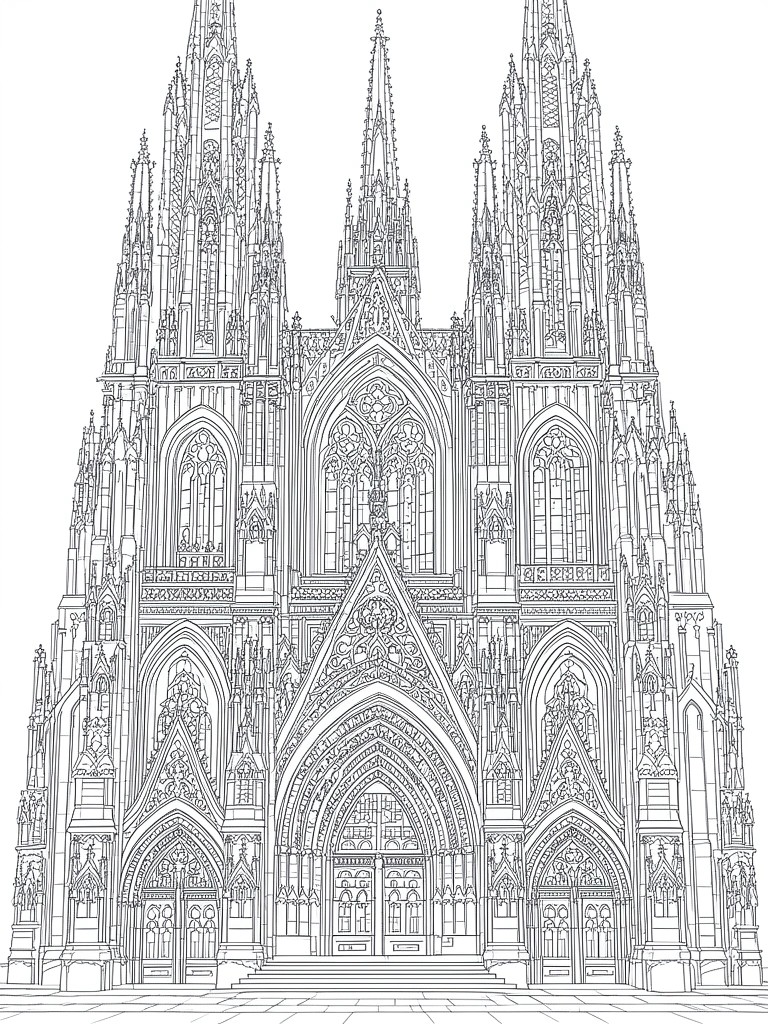 Gothic cathedral facade with tall spires, pointed arches, and ornate line art details.