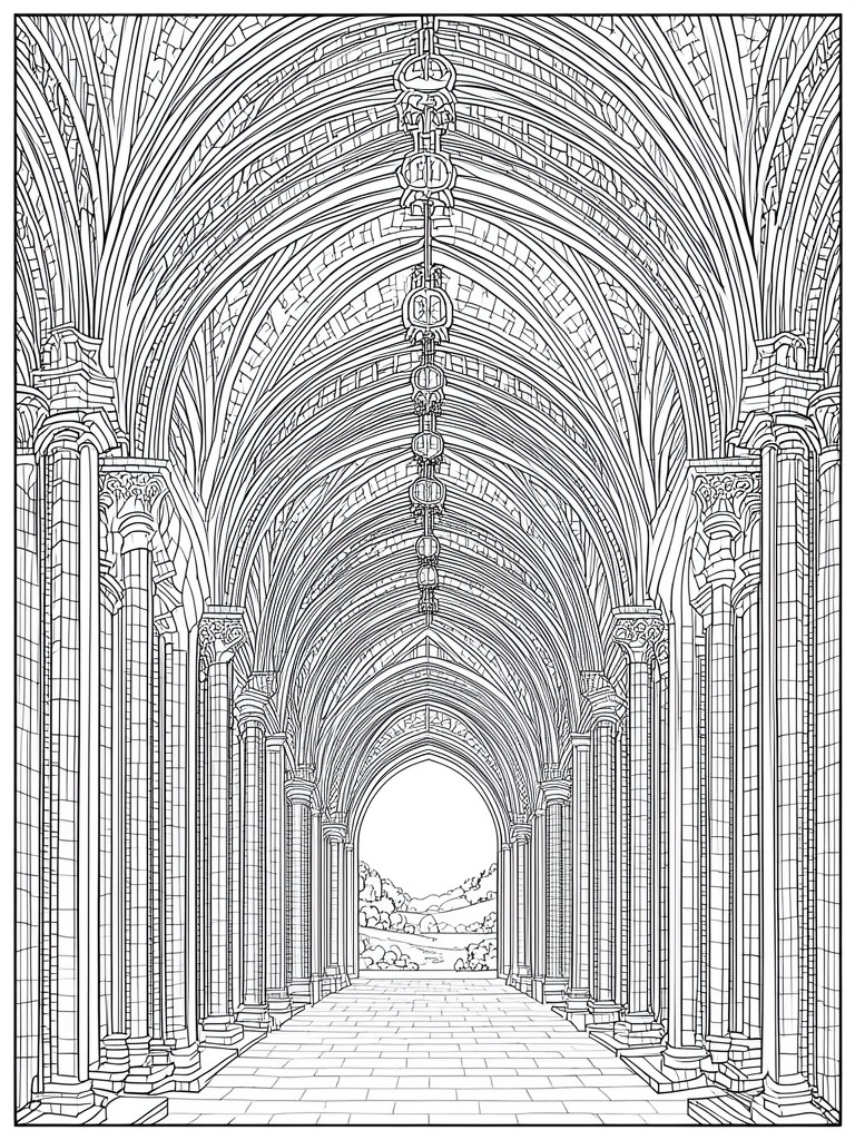 Gothic arched corridor with stone columns, vaulted ceiling, and hanging lantern in line art.