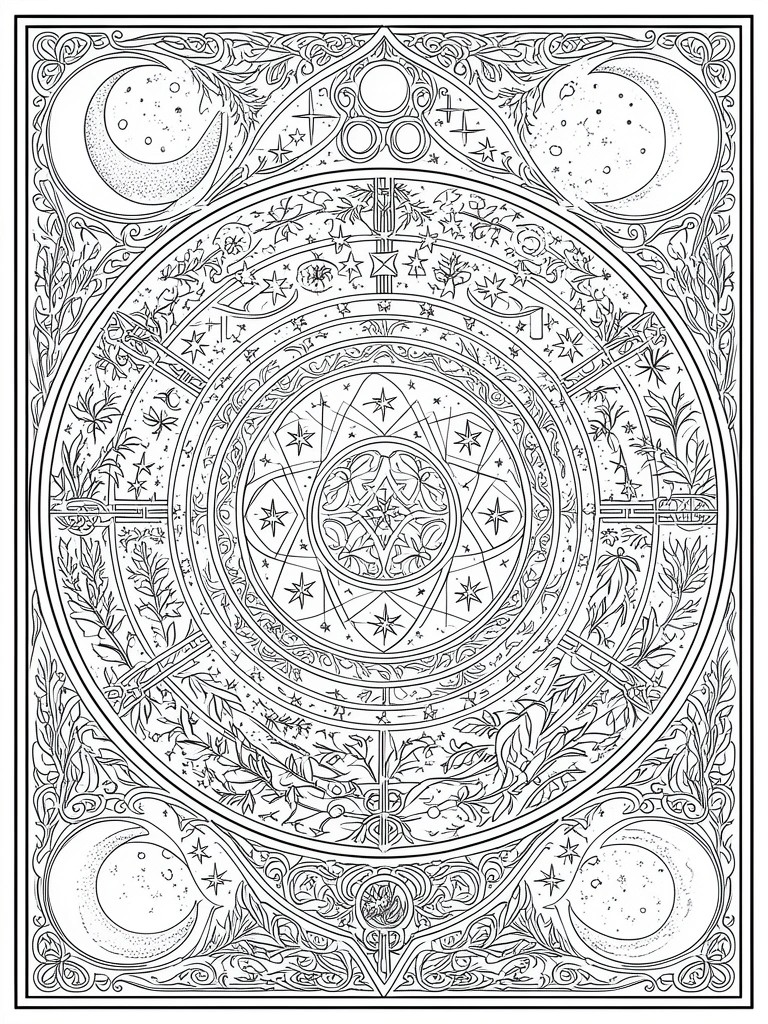 Intricate black-and-white mandala with crescent moons, stars, and symmetrical floral patterns.