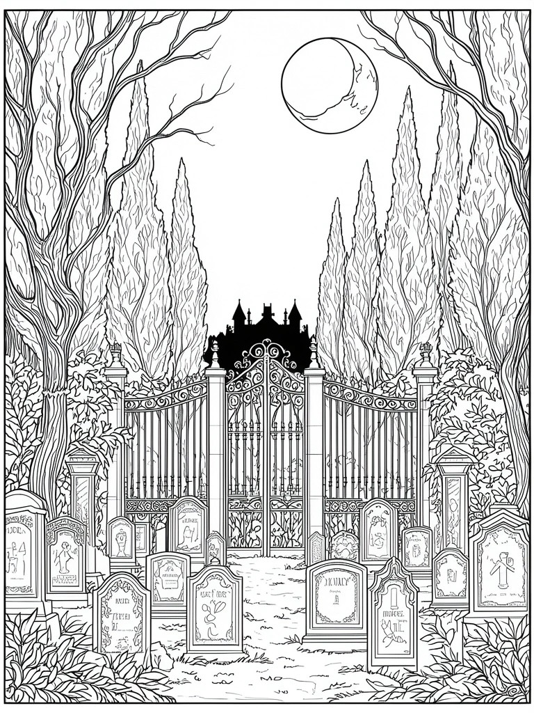 A black and white line drawing of a gothic cemetery entrance with an ornate gate, tombstones, cypress trees, and a castle silhouette under a crescent moon.