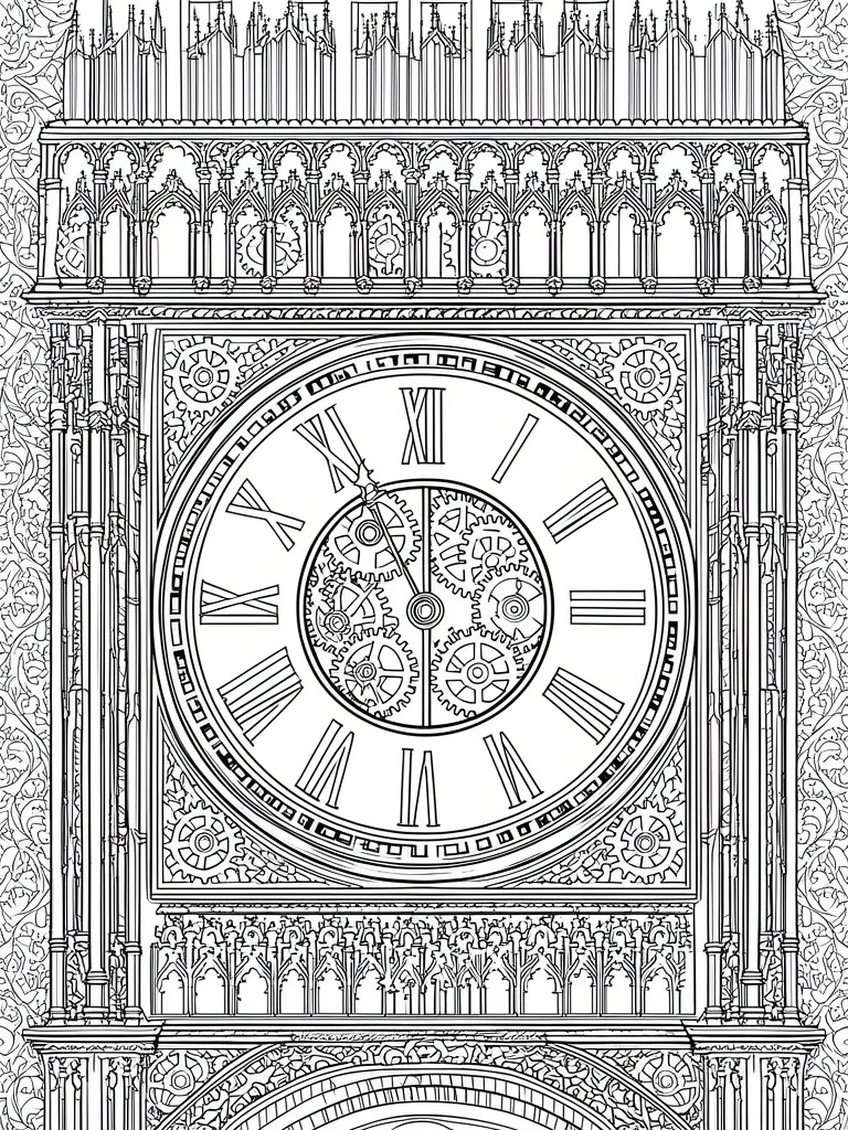 Ornate clock face with Roman numerals, exposed gears, and Gothic architectural details in line art.