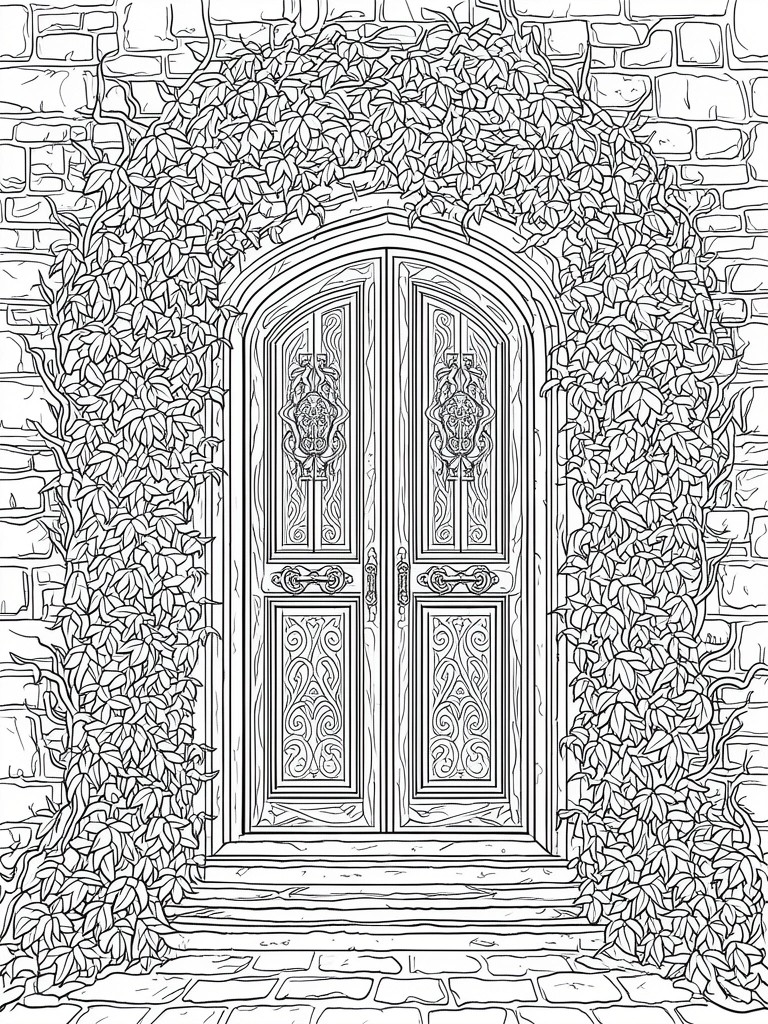 Ornate double doors in vine-covered stone archway with carved details and steps