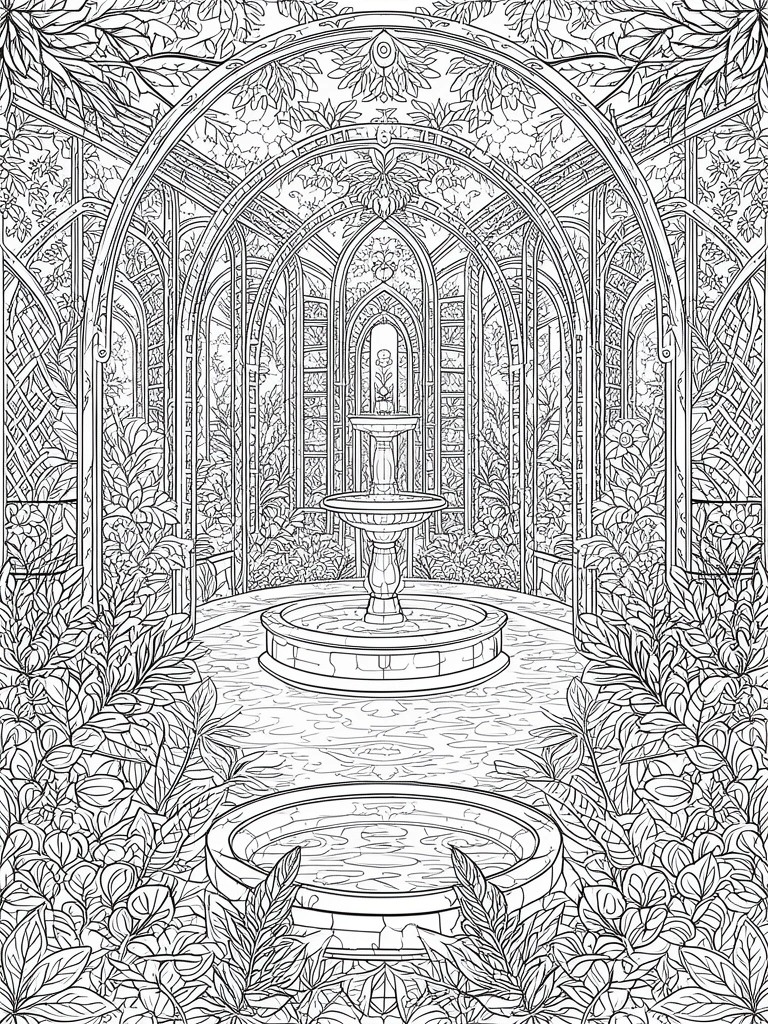 Detailed line art of ornate fountain beneath arched garden pergola with lush foliage.