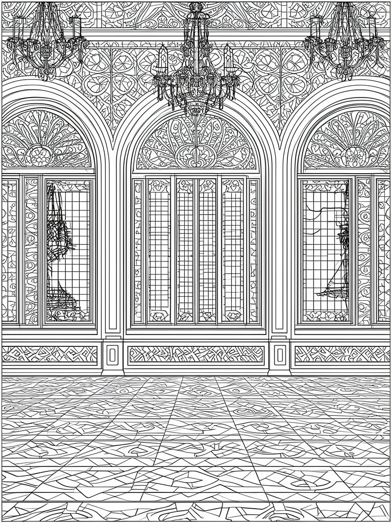 A black and white line drawing of an ornate gothic hall with chandeliers, arched windows, and a patterned floor.