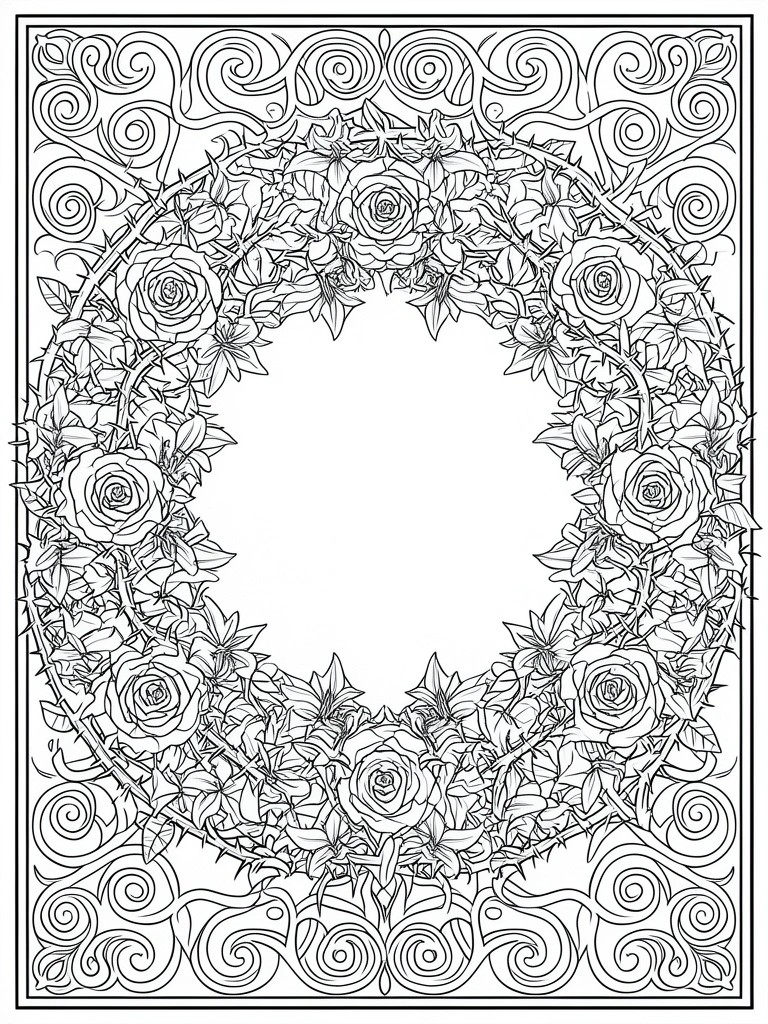 A black and white line drawing shows a circular wreath of roses and lilies wrapped in thorny vines, with swirling patterns above and below inside a rectangular border.