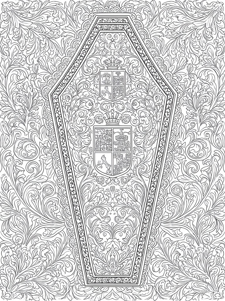 A black and white coloring page showing a coffin-shaped frame containing two heraldic shields with crowns, set against dense floral scrollwork.