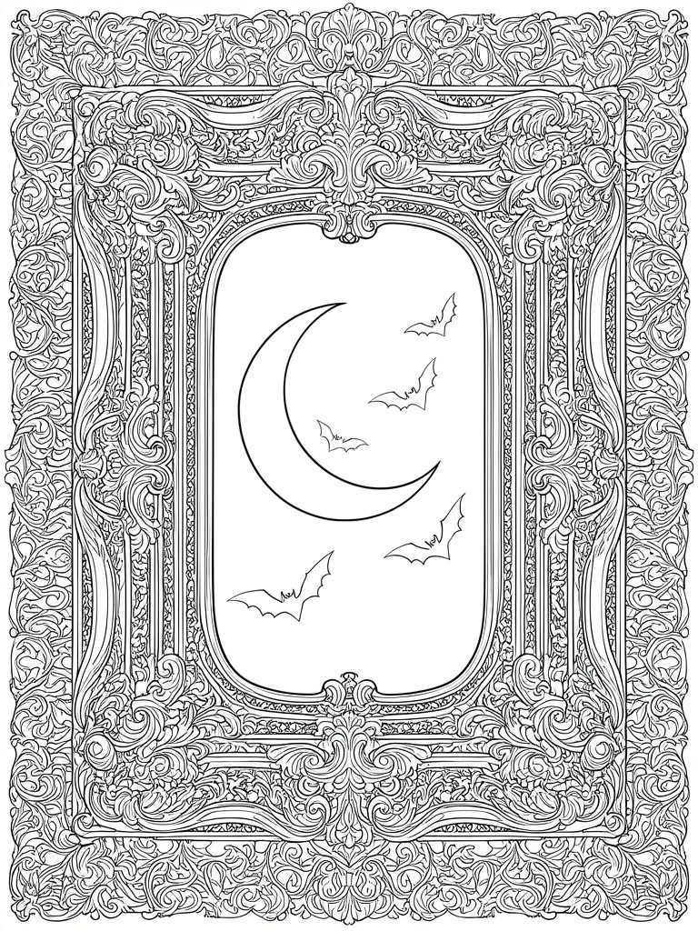 Ornate filigree frame enclosing crescent moon and flying bats in line art