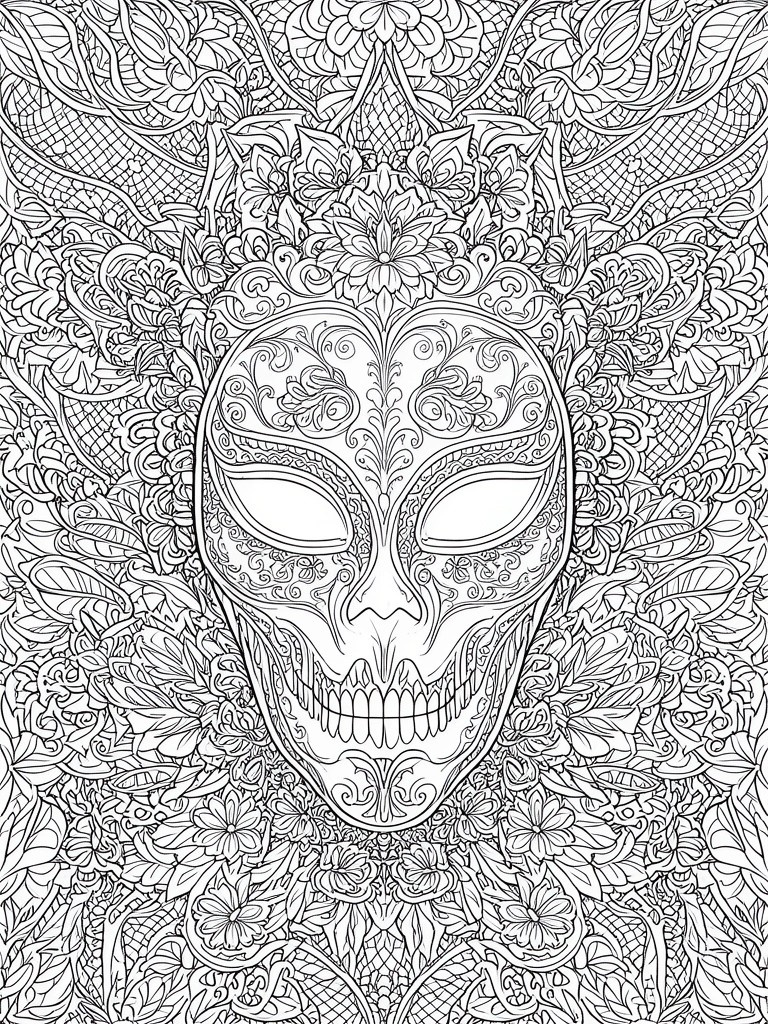 Ornate sugar skull with floral patterns in dense black-and-white line art mandala.
