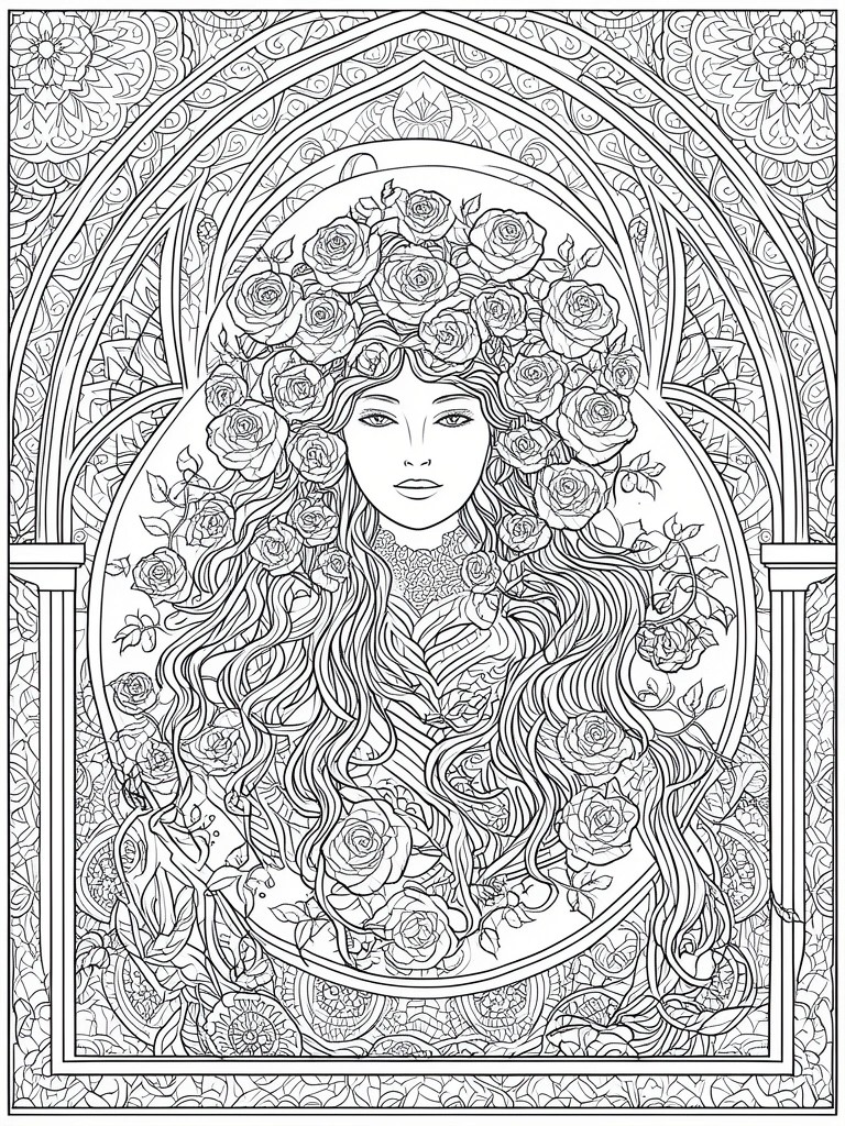 Line art of woman with rose crown, flowing hair, and ornate arched floral frame