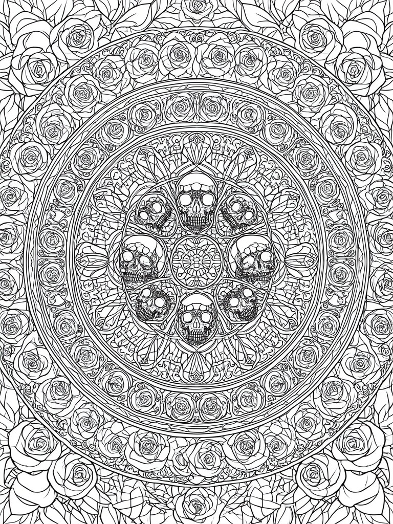 A black and white mandala coloring page with skulls arranged in a central circle and an outer border of roses.