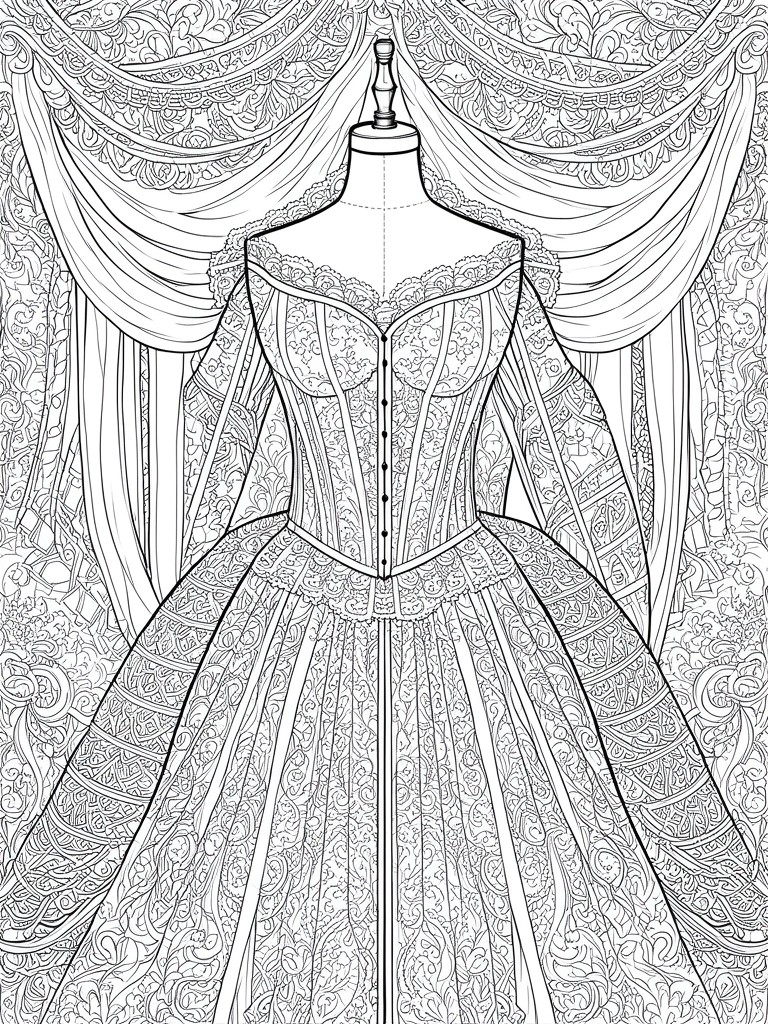 A black and white line drawing of an ornate Victorian gown on a mannequin with patterned fabric and draped curtains in the background.
