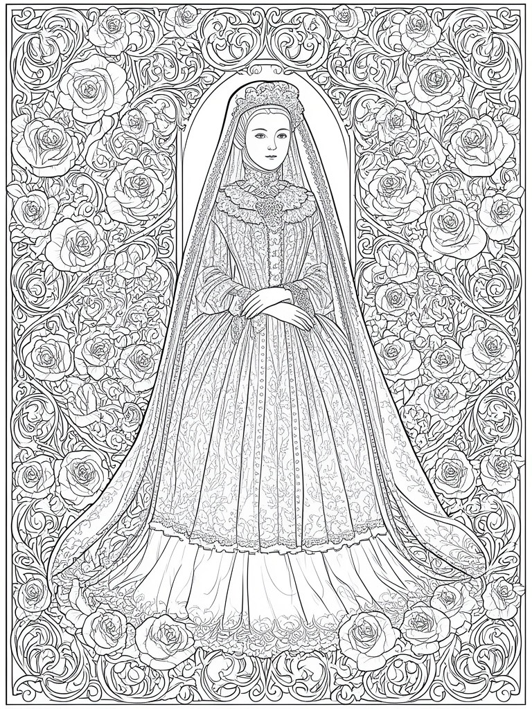 Intricate black-and-white line art of a veiled woman in an ornate gown amid roses.