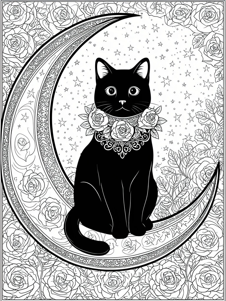 A black cat sits on a crescent moon surrounded by roses and stars in a detailed line art coloring page.