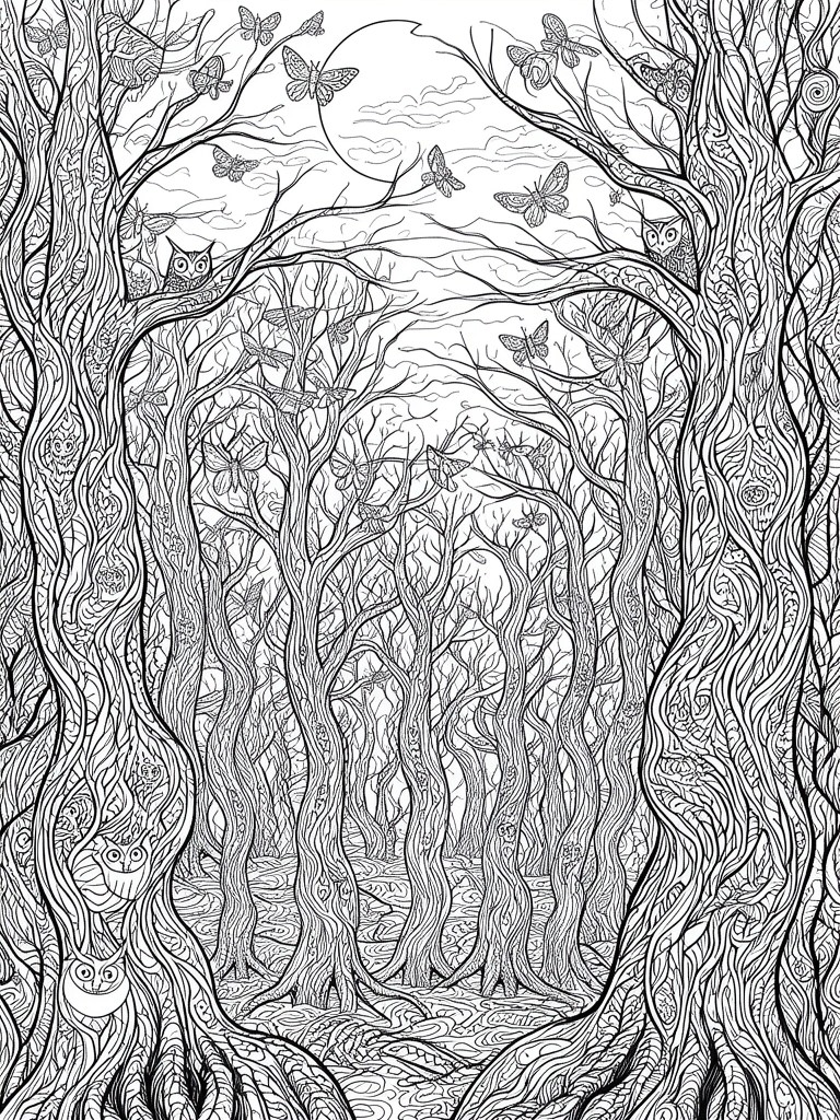 A black and white line drawing of a dense forest with twisted trees, multiple owls, many butterflies, and a crescent moon in the sky.