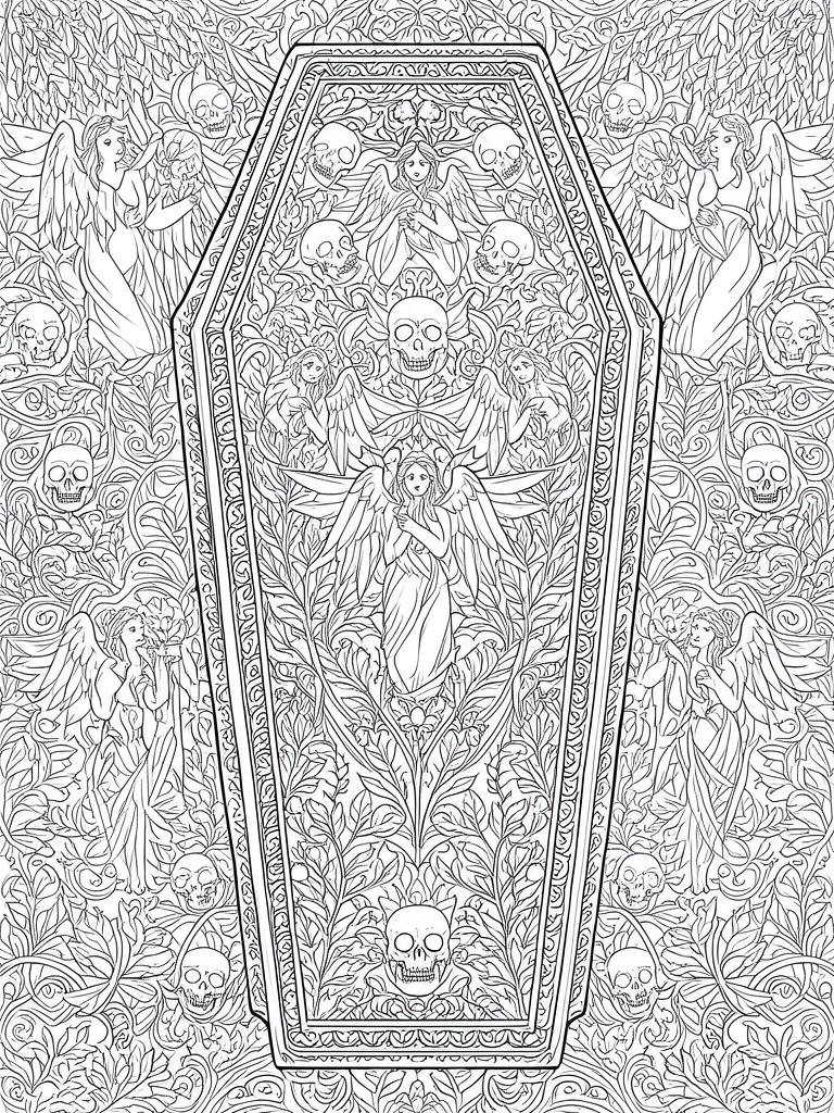 A black and white line art coloring page showing a coffin filled with angels and skulls amid dense floral patterns.