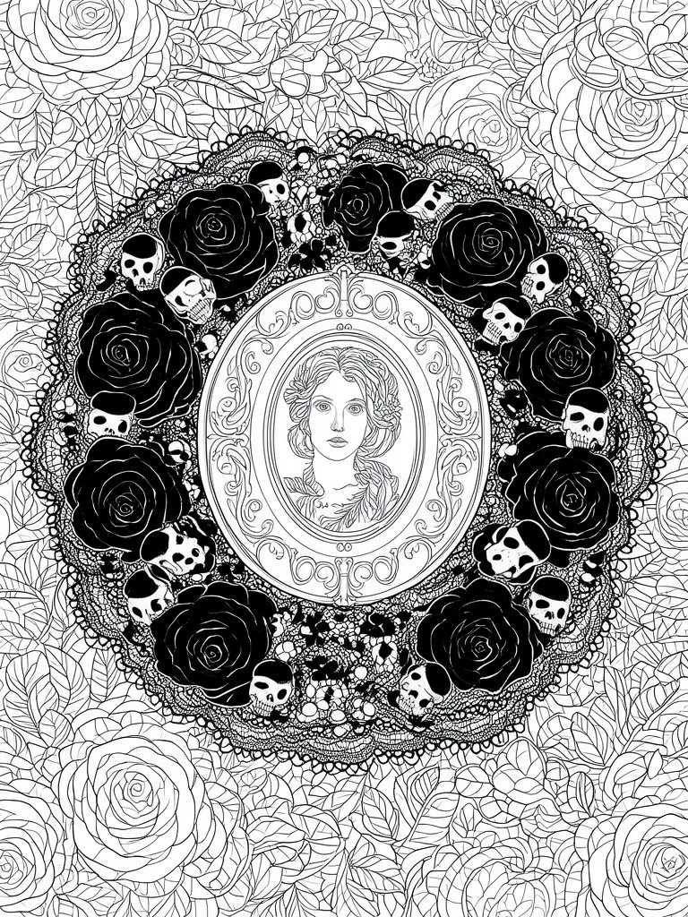 A black and white coloring page with a central oval portrait of a woman, ringed by roses and skulls in a circular lace-like border, and more roses in the background.