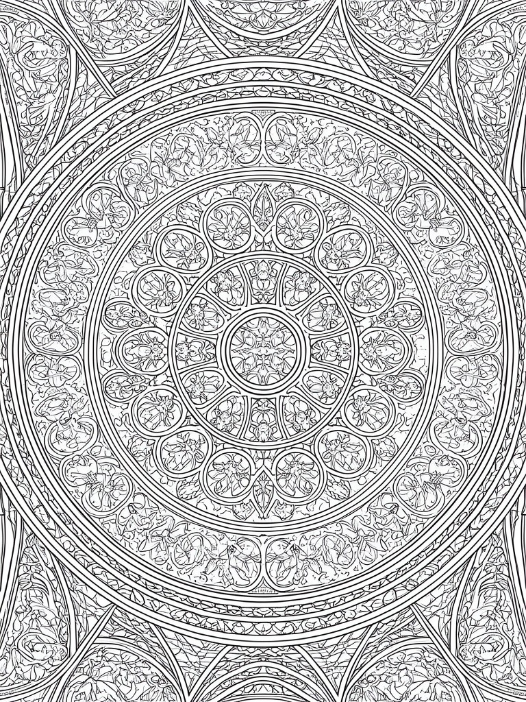 Intricate black and white circular mandala with floral and geometric patterns.
