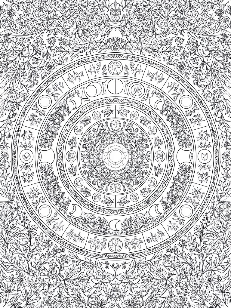 Intricate black-and-white mandala with concentric circles, leaves, moons, and symbolic icons.