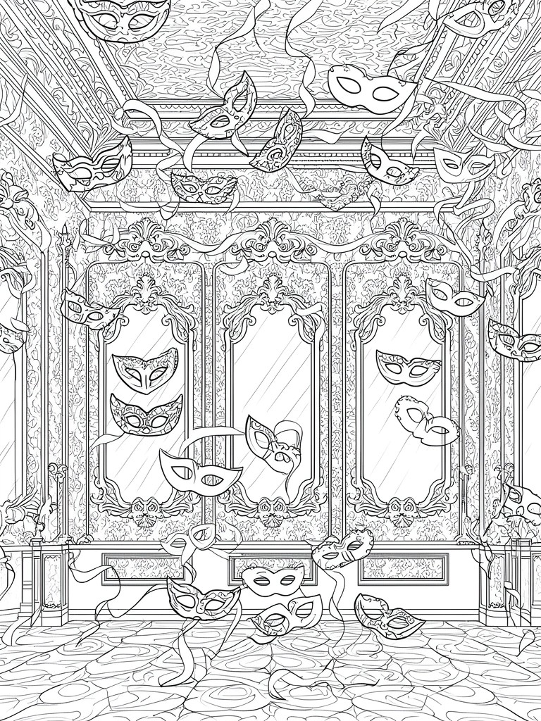 A black and white line drawing of an ornate hall with many masquerade masks floating among framed panels, patterned walls, and a detailed floor.