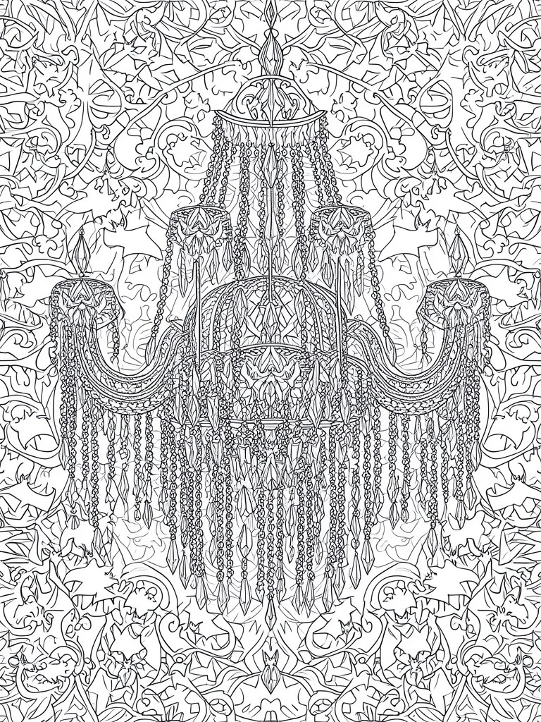A black and white line drawing of an ornate chandelier with chains and beads, surrounded by bats and leafy patterns.