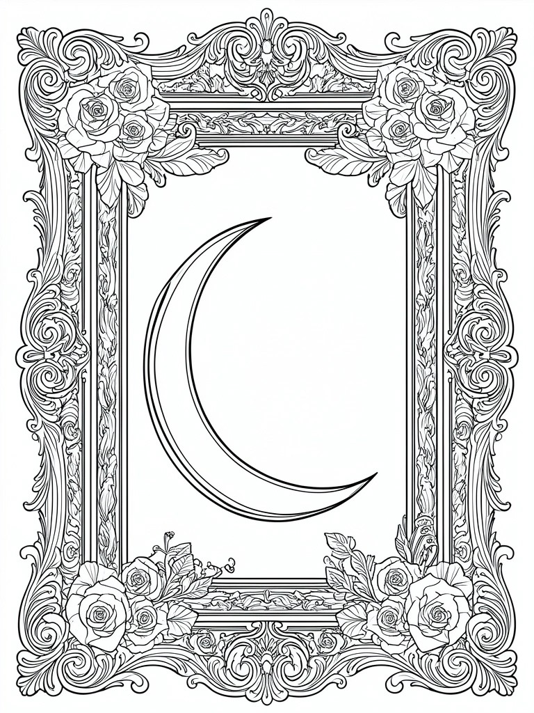 A coloring page featuring a crescent moon centered inside an ornate rectangular frame decorated with roses and intricate scrollwork.
