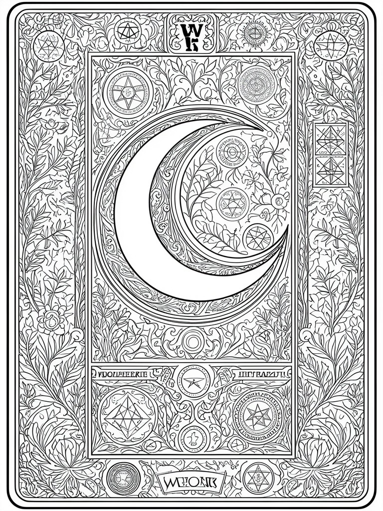 Intricate black-and-white occult design with crescent moon, pentagrams, stars, and floral borders.