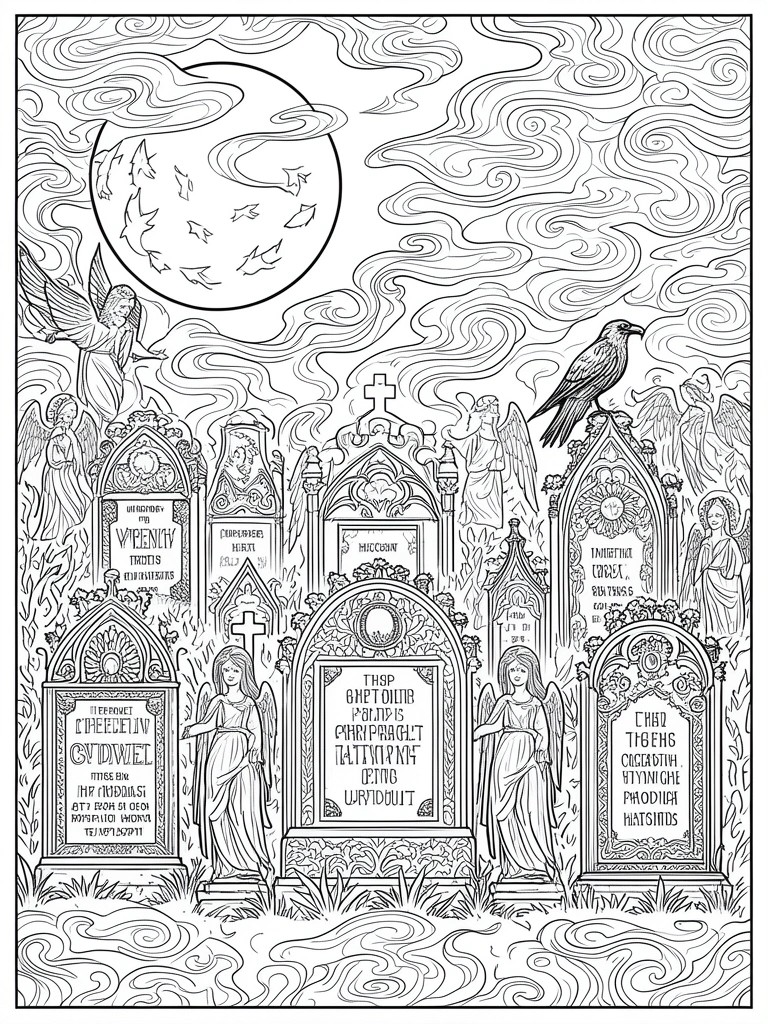 Gothic cemetery with angel statues, perched crow, ornate tombstones, and swirling cloudy sky