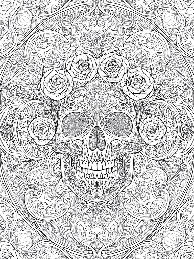 Intricate black and white skull mandala with roses and swirling patterns