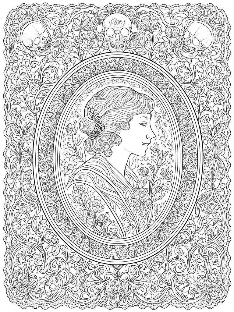 A black and white coloring page shows a woman in profile wearing a kimono inside an oval frame, surrounded by flowers and three skulls above.