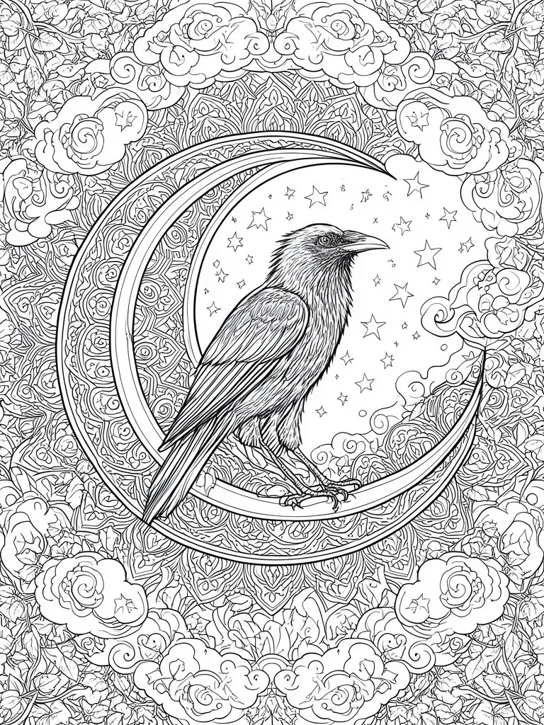 Black and white line art of raven on crescent moon amid stars, clouds and patterns.