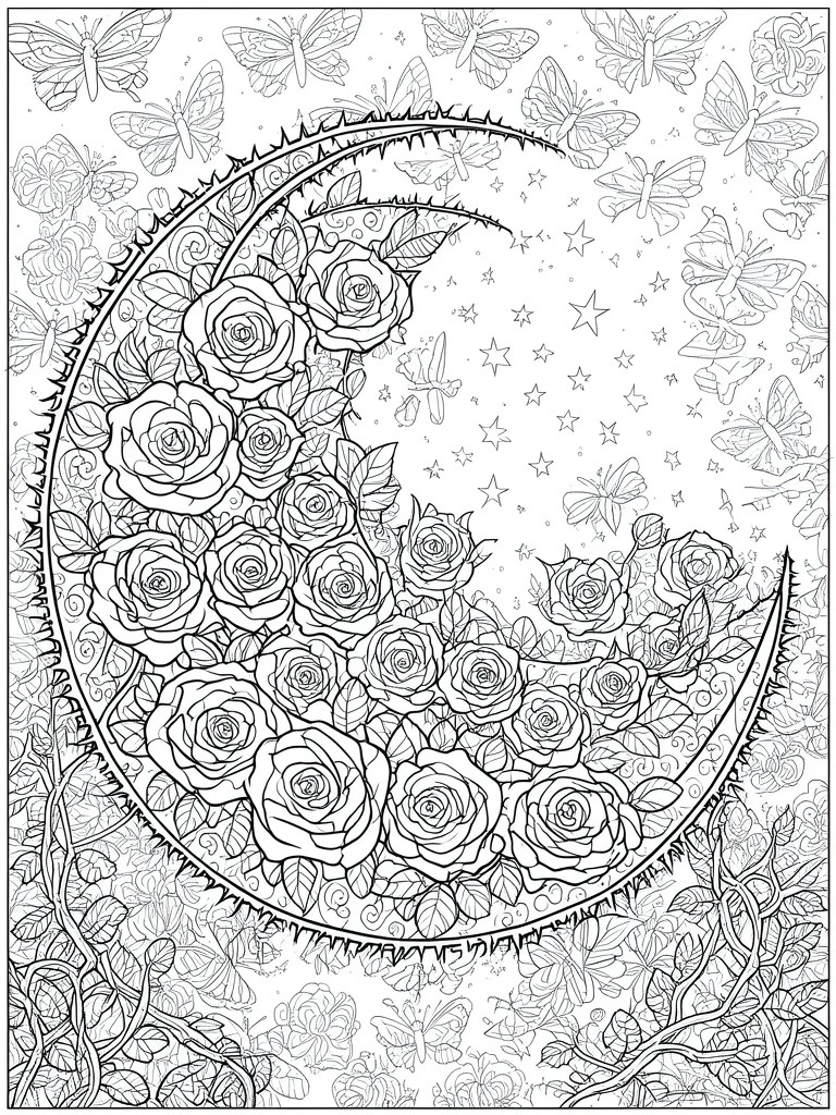 A coloring page of a crescent moon filled with roses, bordered by thorns, with butterflies and stars around it.