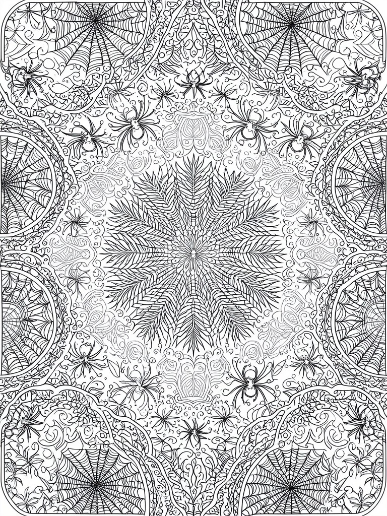 Intricate black and white mandala with spiders, webs, and symmetrical ornate patterns