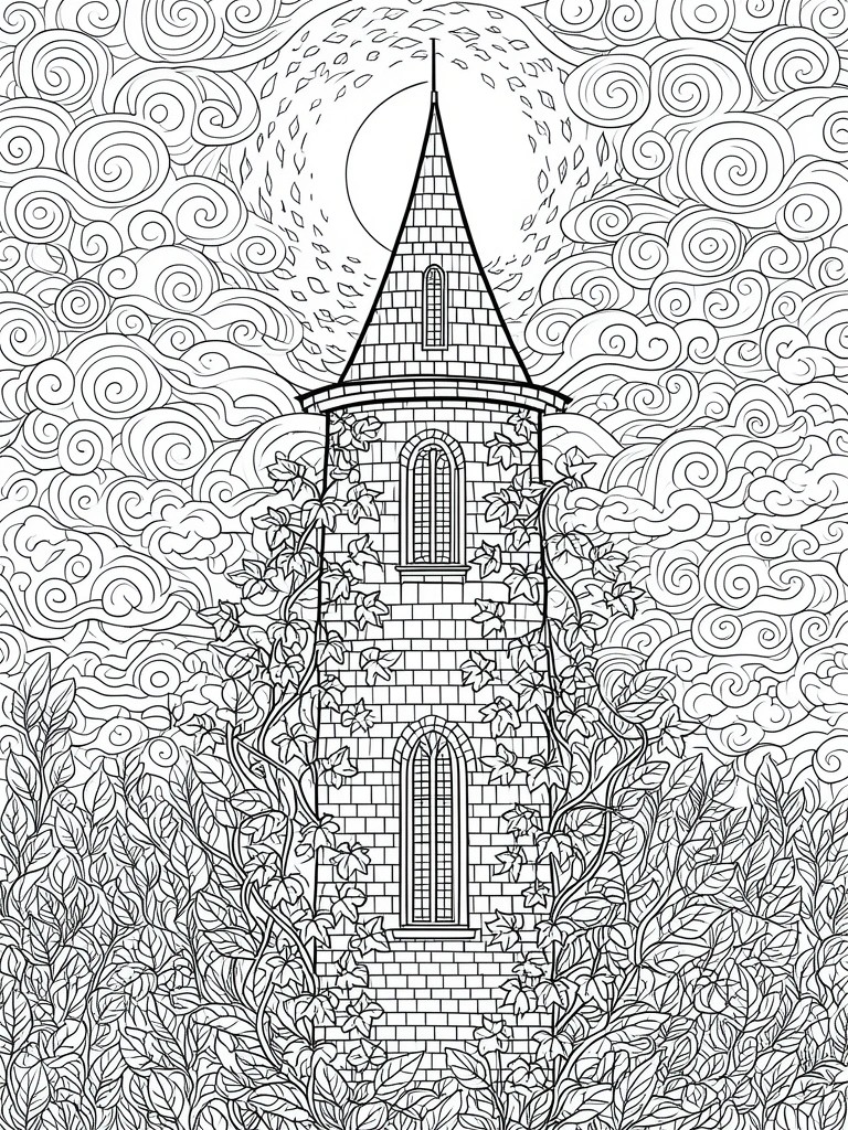 A coloring page of a tall gothic tower with arched windows, covered in ivy, set against a moon and swirling clouds.
