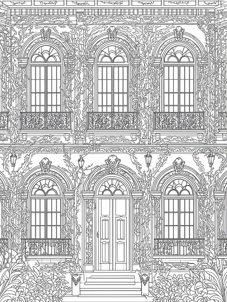 Intricate line art of ornate multi-story building with balconies, windows, and vines.